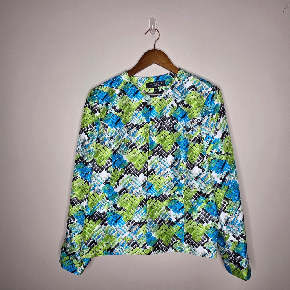 Kasper Blazer Jacket Womens 14 Green Blue Abstract Open Front Office Professiona - Picture 1 of 8